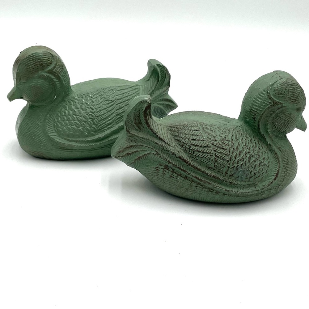 Vintage Painted Cast Aluminum Carved Ducks Green Statues Doorstop Bookends